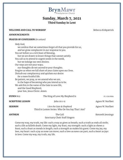 Sunday, March 7, 2021 Bulletin