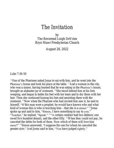 Sunday, August 28, 2022 Sermon: The Invitation by the Rev. Leigh DeVries