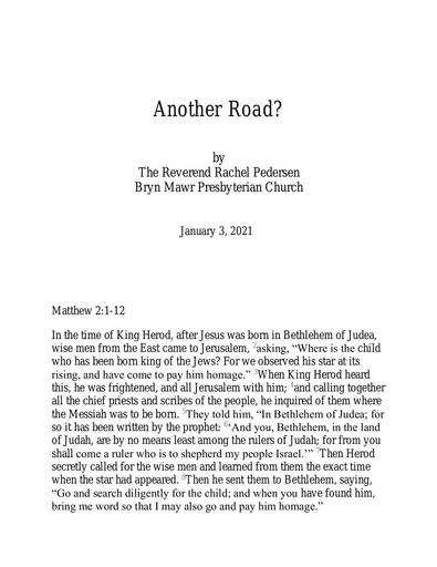 Sunday, January 3, 2021 Sermon: Another Road by the Rev. Rachel Pedersen