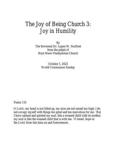 Sunday, October 1, 2023 Sermon: The Joy of Being Christ's Church 3: Joy in Humility by the Rev. Dr. Agnes W. Norfleet