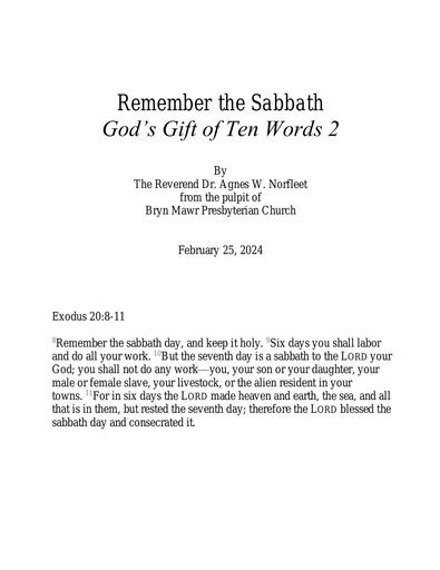 Sunday, February 25, 2024 Sermon: Remember the Sabbath: Second, No Other Gods by The Rev. Dr. Agnes W. Norfleet
