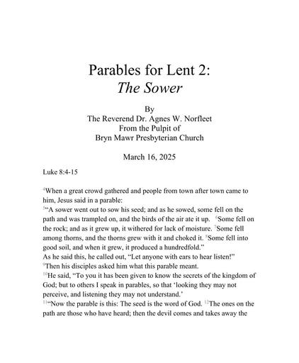 Sunday, March 16, 2025 Sermon: The Sower, Parables for Lent 2