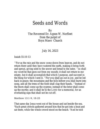 Sunday, July 16 Sermon: Seeds and Words by the Rev. Dr. Agnes W. Norfleet