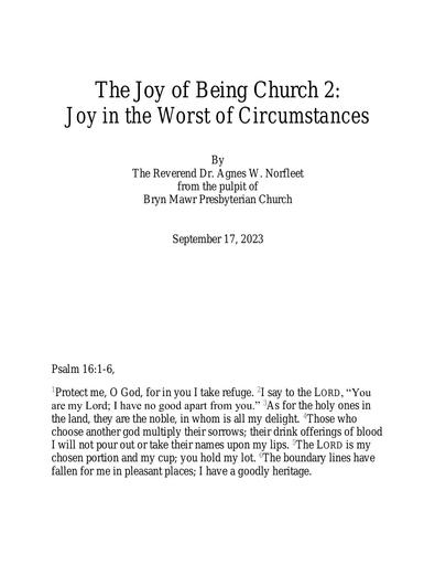 September 17, 2023 Sermon: The Joy of Being Church 2: Joy in the Worst of Circumstances by the Rev. Dr. Agnes W. Norfleet